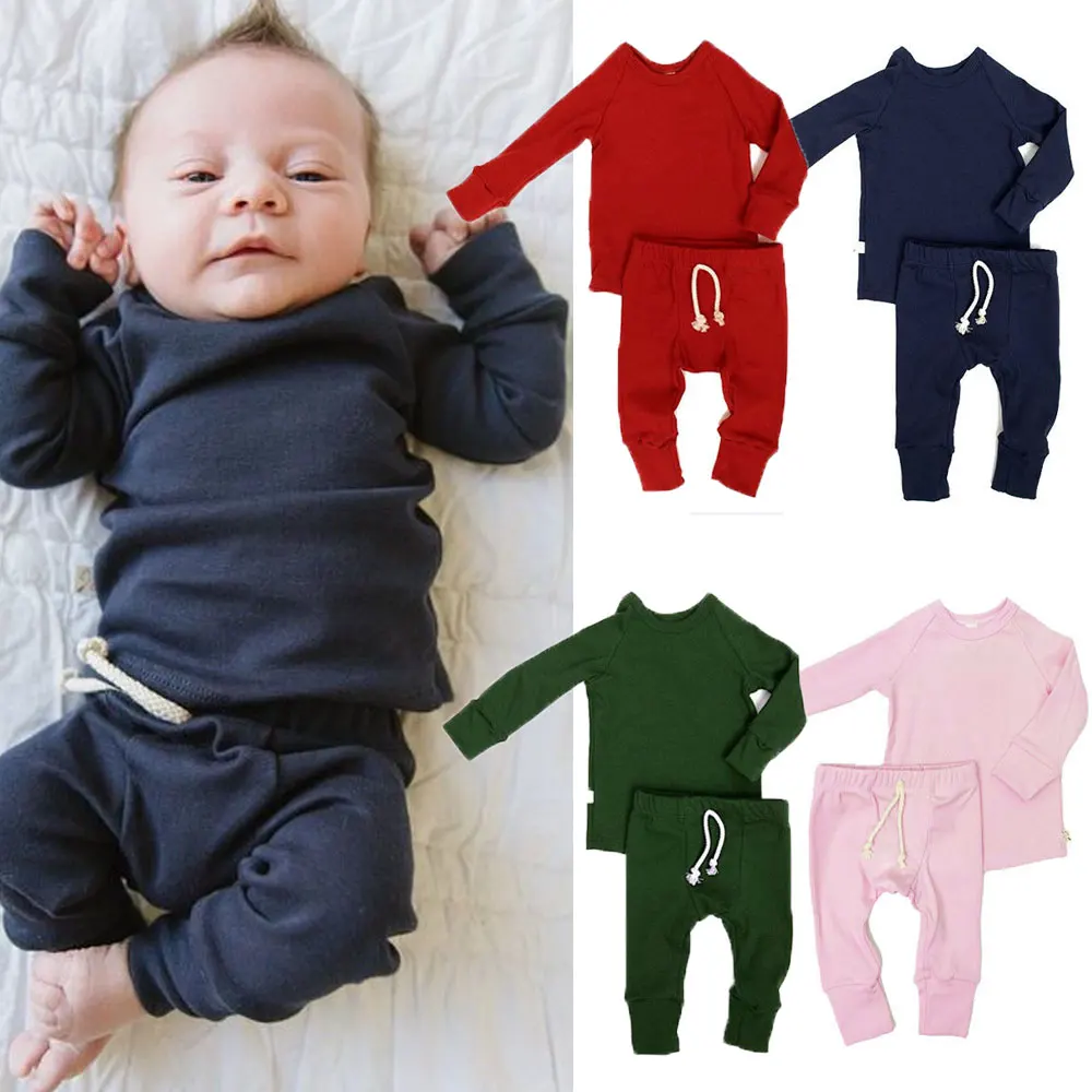 0-24M Baby Sleepwear Newborn Toddler Boy Girl Solid Color Pajamas Set Cotton Sleepwear Nightwear Casual Clothes Outfit Home Wear