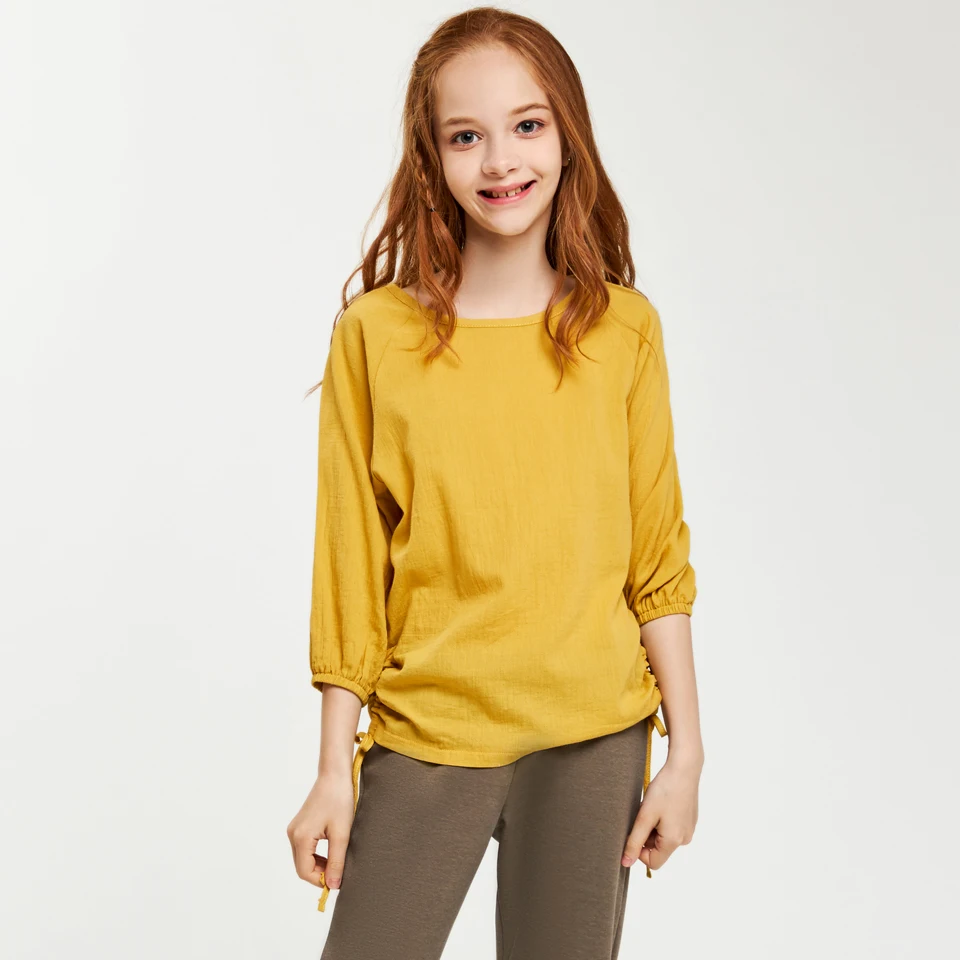 

CupofSweet Cropped Sleeves Side Rope Top Casual Pullover For Girls Tops 2019 Spring Teenager Clothes Long Sleeve Kids Blouses
