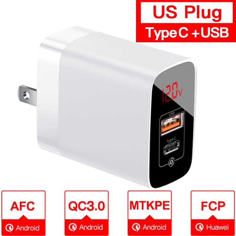 US Plug White PD C Baseus цифровой дисплей Быстрая зарядка 3,0 USB зарядное устройство 18 Вт PD 3,0 быстрое зарядное устройство для iPhone 11 Pro зарядное устройство для мобильного телефона USB C зарядное устройство - Тип штекера: US Plug White PD C