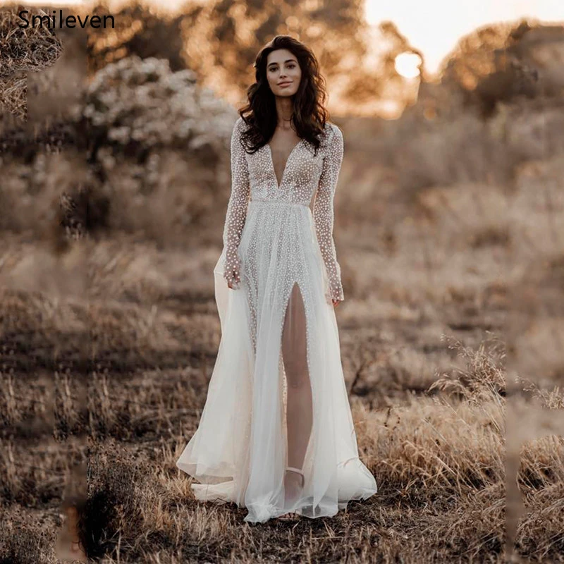 Smileven Boho Long Sleeve Lace Wedding 
