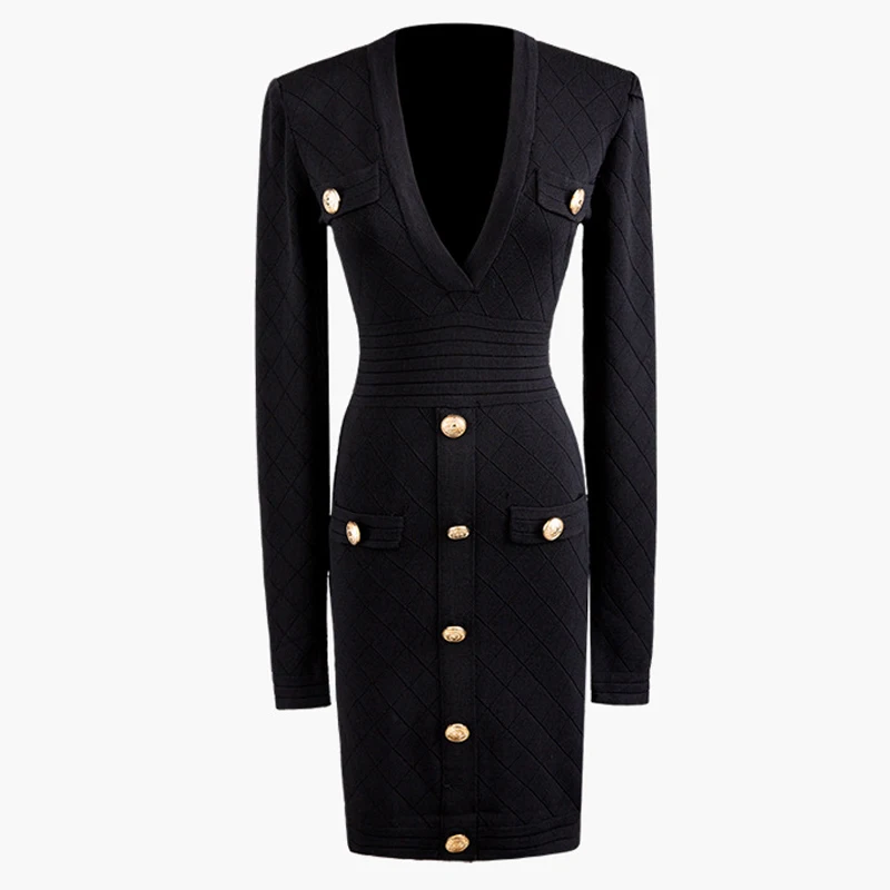 Осенне-зимнее женское вязаное платье, элегантное платье-свитер с v-образным вырезом, офисное женское облегающее платье с длинным рукавом, приталенное платье Vestidos - Цвет: black