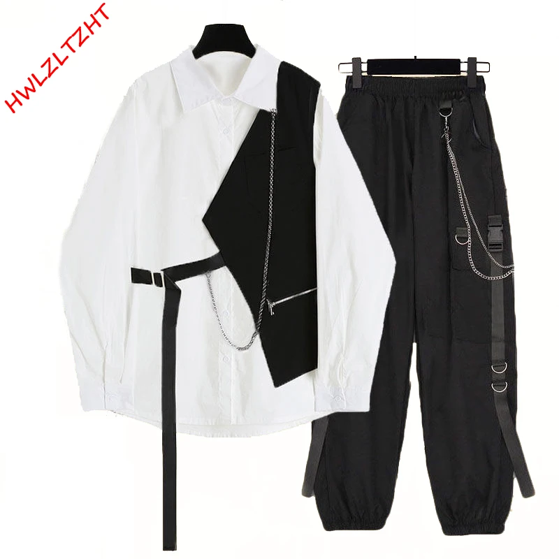 Spring Autumn 3 Piece Suit Set Harajuku BF Loose Ribbon Chian White Blouse+Vest+Chian Cargo Pants Unisex Streetwear Cargo Pants white pant set