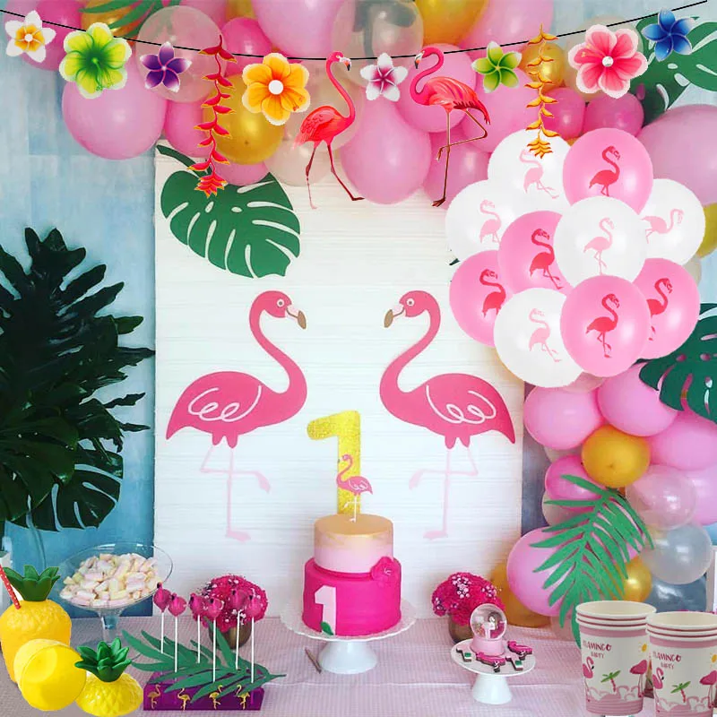 Flamingo Party Tableware Hawaii ALOHA Bunting Banner Balloon Garlands Summer Tropical Hawaiian Party Birthday Wedding Decoration