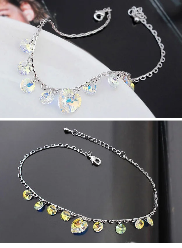 Блестящий Кристалл от Swarovski сердце Шарм Браслеты для женщин Серебряный цвет цепи браслеты и браслеты Pulseira свадебный подарок