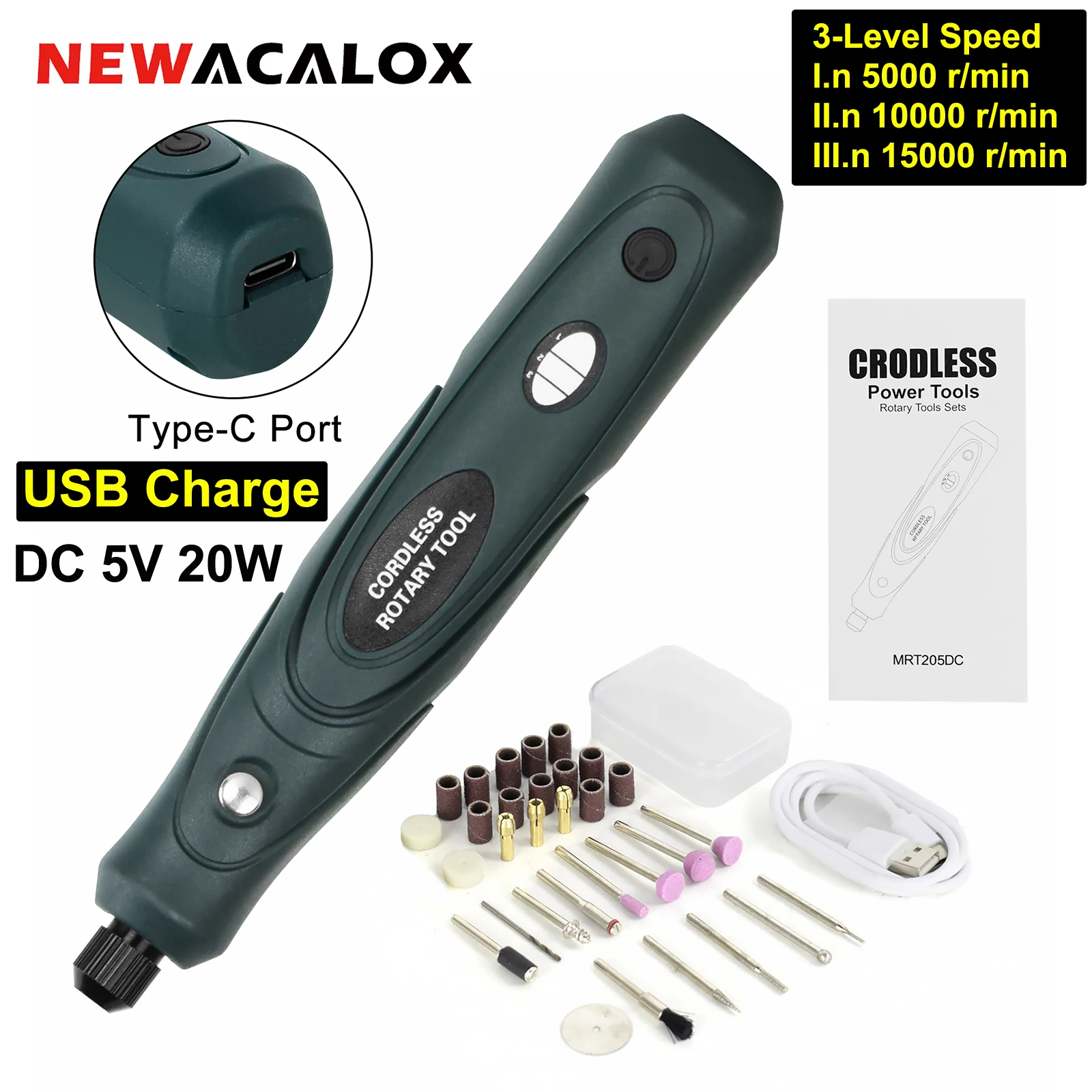 NEWACALOX 20W USB Charging Mini Grinder Set Cordless Rotary Tool