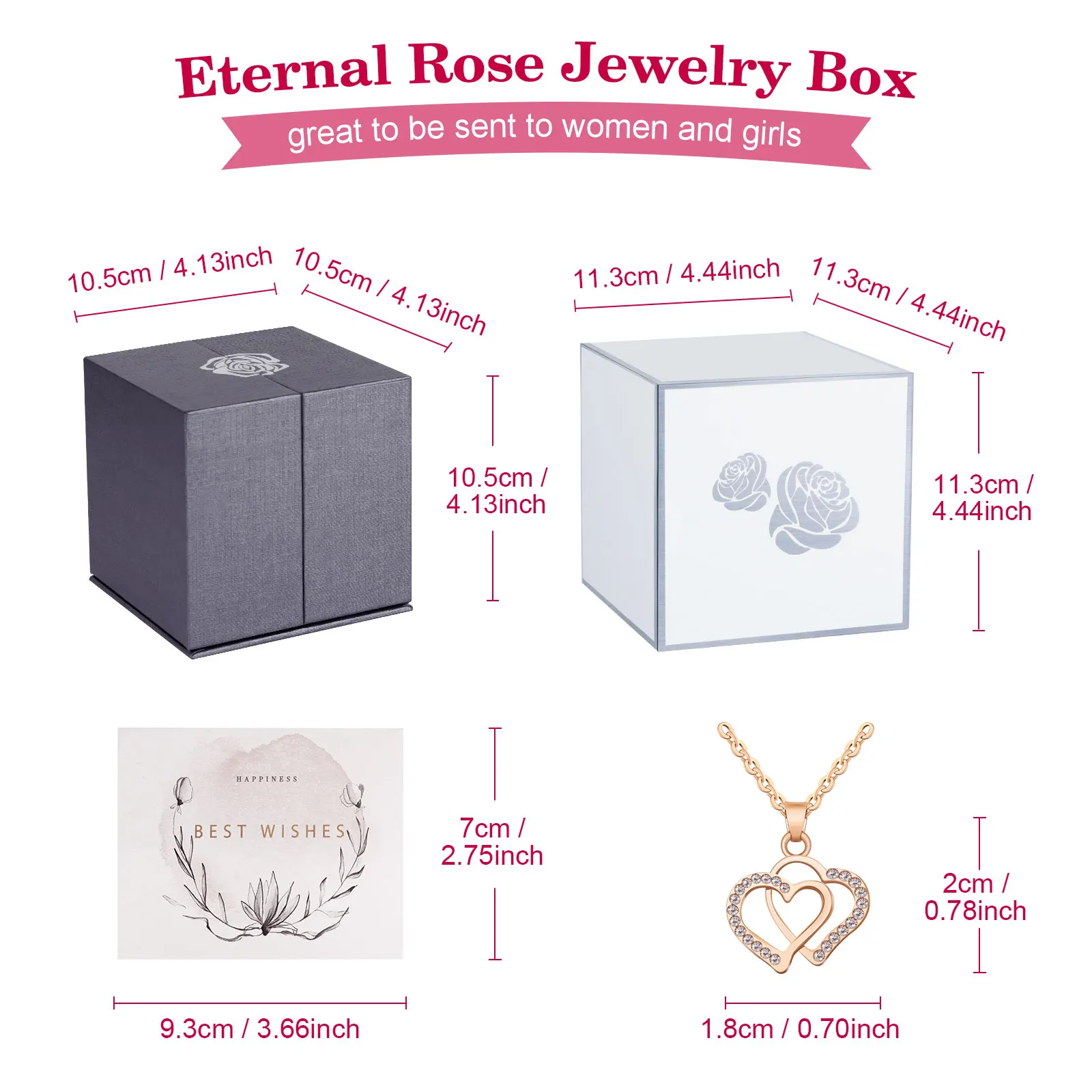 Eternal Rose Flower Rising Jewelry Gift Box with Necklace Greeting Card Christmas Valentine Gift for Wife Mom Girls Women