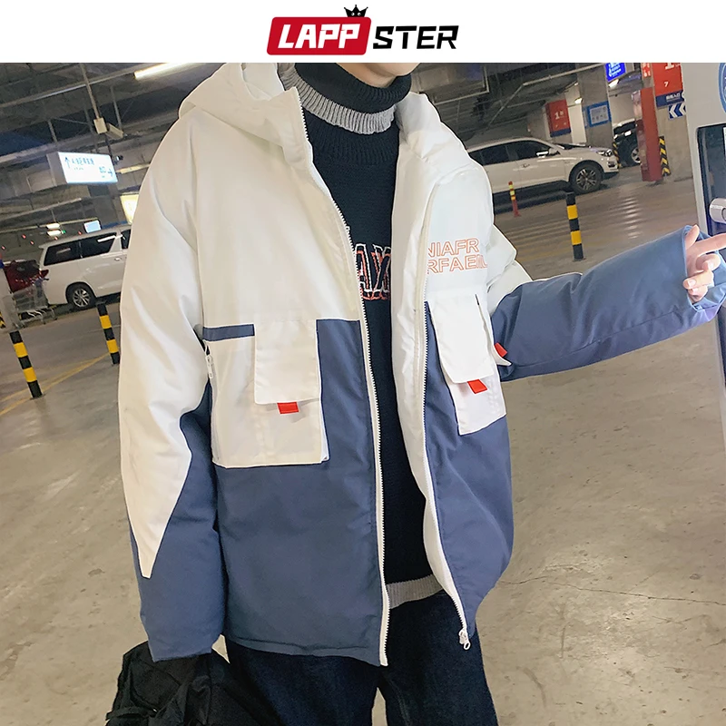 

Men Patchwork White Parka 2019 Hooded Winter Coat Mens Japanese Streetwear Jacket Coat Korean Thick Harajuku Clothing