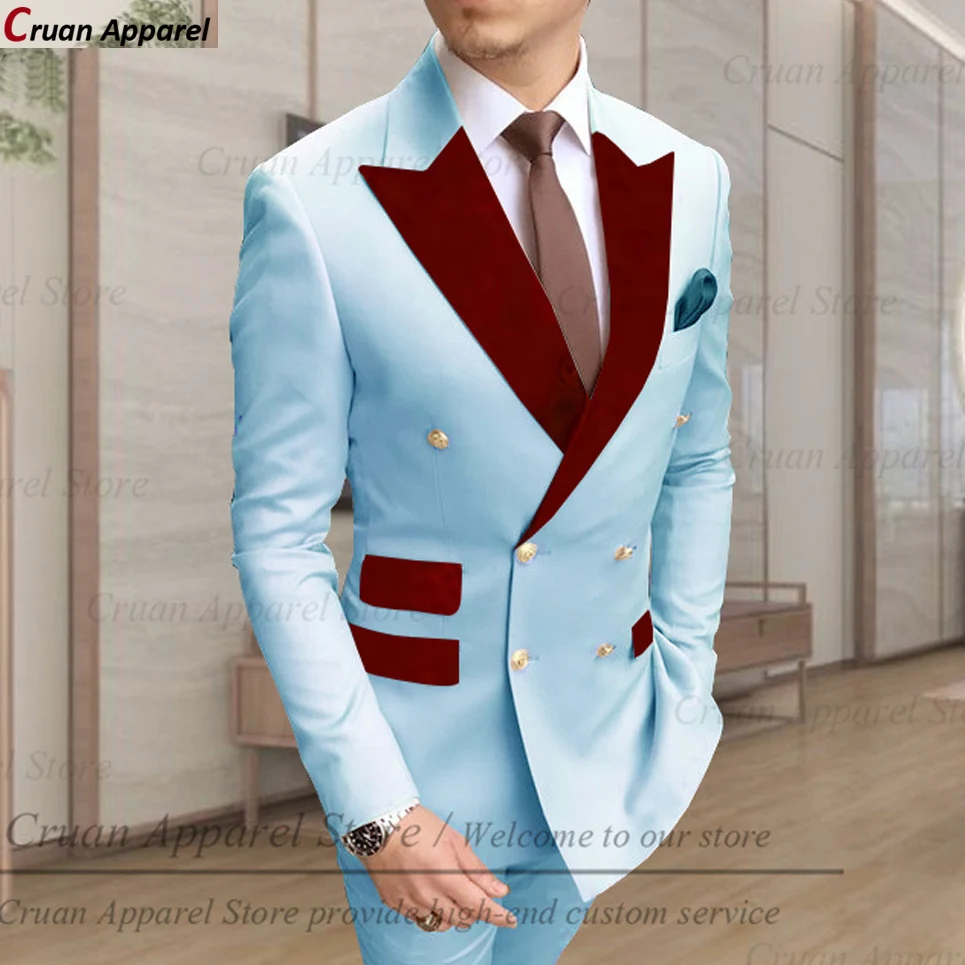 

Tailor-made Fashion Men's Suit 2Pcs Slim Fit Formal Wedding Best Man Groom Tuxedo Wine Red Velvet Lapel Blazer With Pants Set