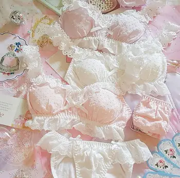 

Vintage Style Japanese Lace Bra & Panties Set Wirefree Soft Underwear Sleep Intimates Set Kawaii Lolita Cute Sexy Spots Trim