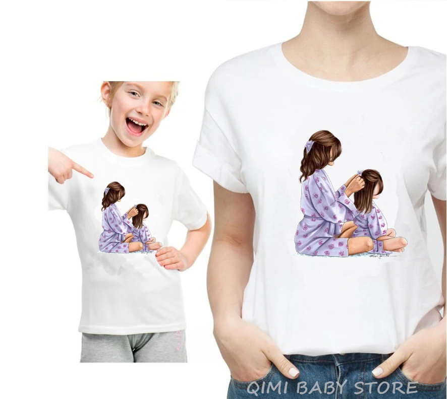 A4-White Fashion Mom And Daughter Harajuku White Tshirt Parent-child Clothing Casual Lovely Short Sleeve Women T shirt O-Neck Tees - Цвет: A4-White