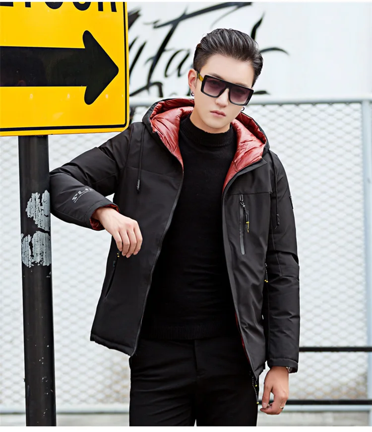 Youth Men down Jacket Cotton-padded Clothes Double-sided Wear Hooded Short Trend Cotton-padded Jacket Slim Fit Cotton-padde