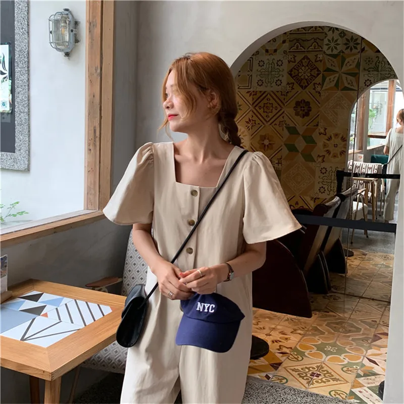 Limiguyue women plus size jumpsuit short sleeve square neck single breasted loose casual beach women romper femme vintage Y214