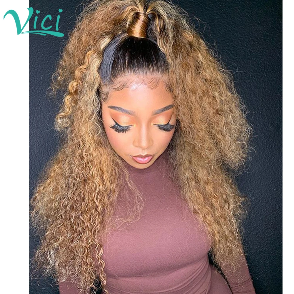 

1b/27 Ombre Human Hair Wig With Baby Hair Mongolian Afro Kinky Curly Hair Wig For Women Colored Lace Front Human Hair Wigs 180%