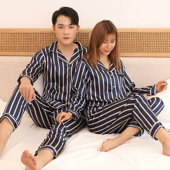 

Striped Couple 2PCS Rayon Pajamas Set Sexy Pocket Pyjamas Sleepwear Sleep Suit Nightwear Spring New Loose Home Clothes