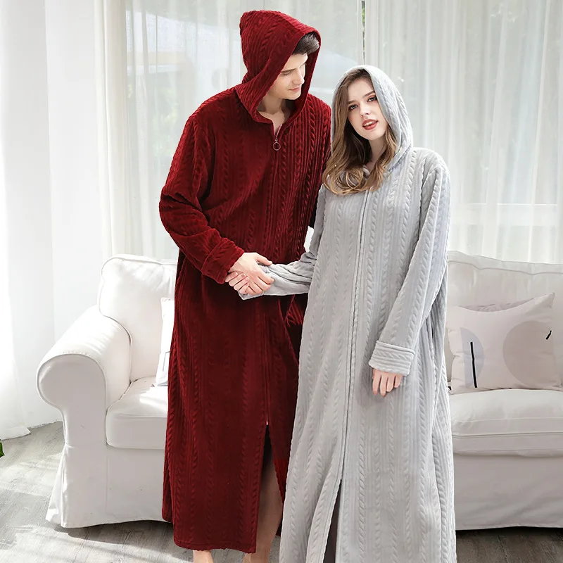 Men Winter Long Hooded Flannel Coral Fleece Ankle Length Sleepwear Lovers Kimono Solid Nightdress Night Wear Dress Gown