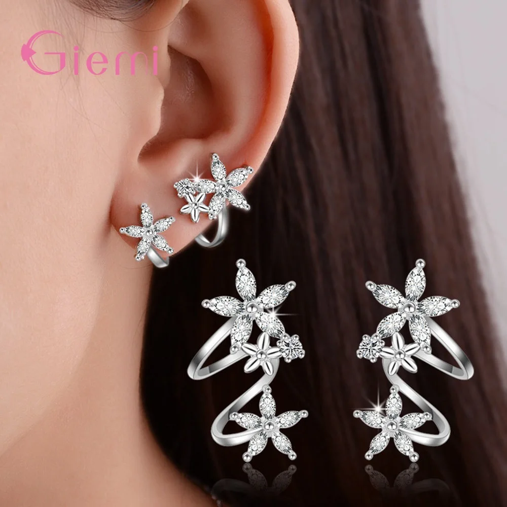 Silver Трендовые 925 пробы серебряные серьги-манжеты для пирсинга, кубический циркон, клипсы, серьги с цветами для женщин и девушек, подарки, ювелирные изделия - Окраска металла: Silver