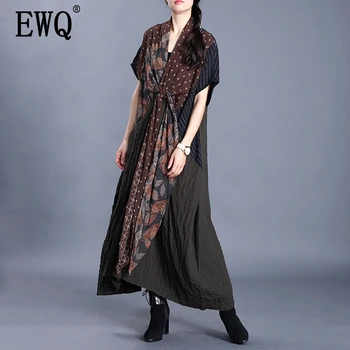 

[EWQ] 2020 Spring Summer New Pattern V-collar Short Sleeve Asymmetrical Patchwork Pullovers Vintage Dress Women AK84916