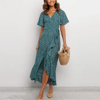 

Summer Beach Short Sleeve Ruffles Casual Warp Dresses Woman Dress Plus Size Elegant V-neck Print Irregular Fashion Long Dress