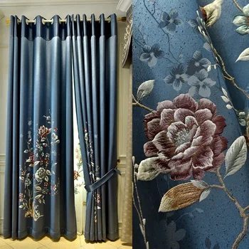 

European-style Embroidery High-end Blue Curtains for Living Dining Room Bedroom Balcony Bay Window Curtains Screens Custom