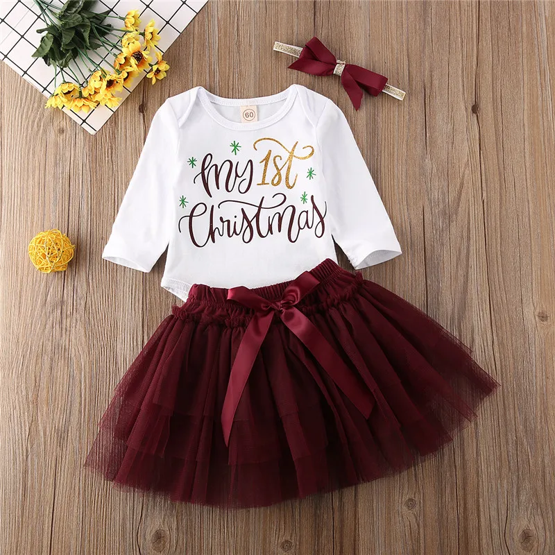 My First Christmas Clothes Set for Kids Baby Girls Infant Party Costume Cotton Bodysuit Mesh Tutu Skirt Headband 3 Piece 0-18M baby clothes penguin set