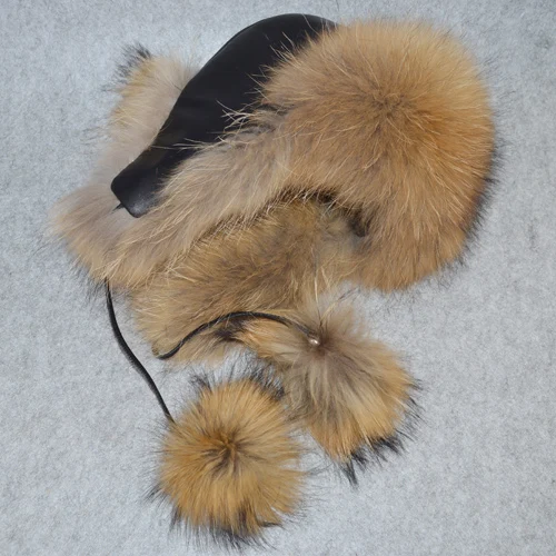 raccoon fur Женская шапка из натурального Лисьего меха, зимняя шапка-ушанка, шапка-бомбер, уличная шапка для снежной погоды, Толстая теплая меховая шапка из натуральной кожи для сна s - Цвет: raccoon fur