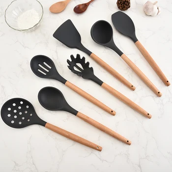 

Silicone Kitchenware Set Nonstick Cooking Shovel Spoon Wooden Handle Cooking Tool Spatula Kitchen Gadgets Utensil Set HY