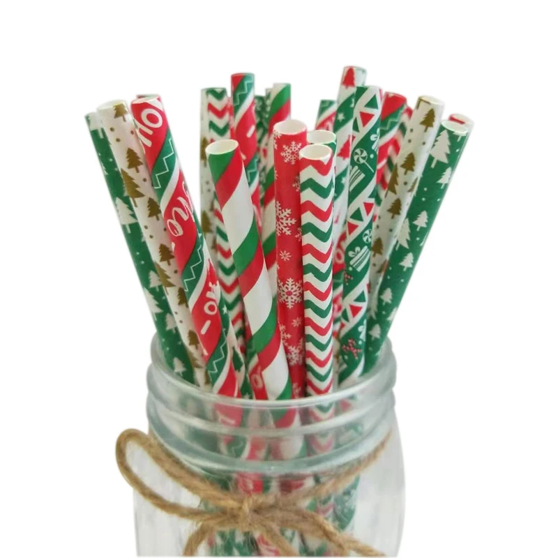 25pcs  Christmas Paper Straws Snowflake Drinking Straw Merry Christmas Decorations for Home 2022 Xmas New Year Party Supplies