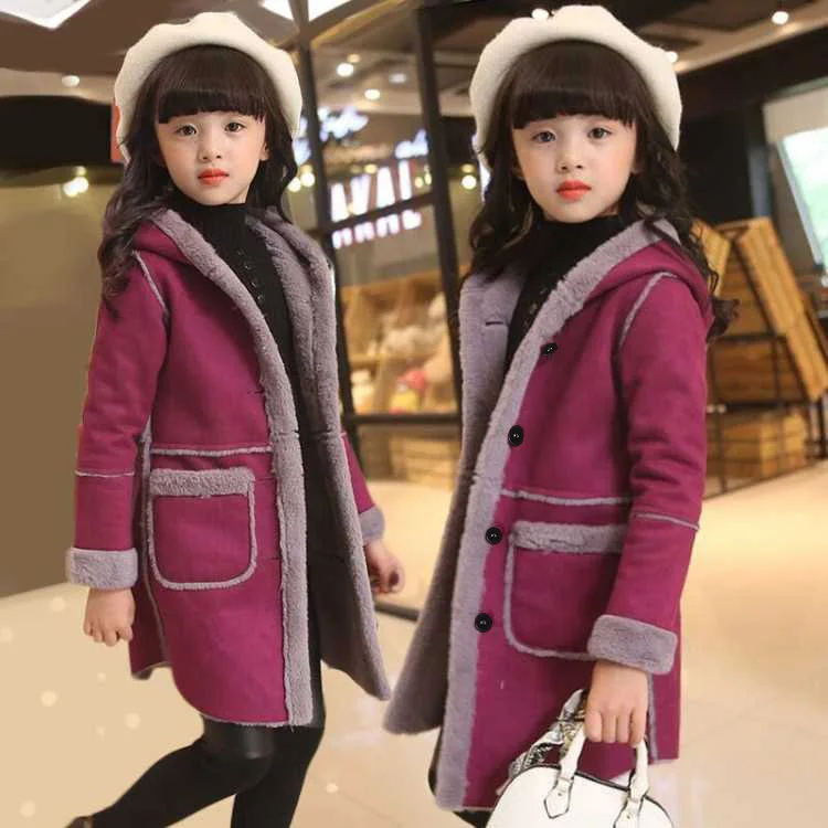 Children's Autumn Pure color Girls'Jacket kids clothes Hooded Casual 3-14 years woolen coat Collar Thick Outerwears 258