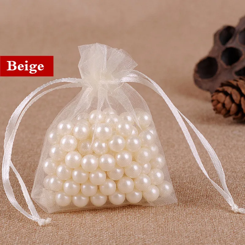 beige 100 шт., 7x9 9x12, 10x15 см, сумки из органзы для ювелирных изделий, мешочки на завязках для детского душа, вечерние подарочные пакеты на свадьбу, сумки для конфет - Цвет: beige