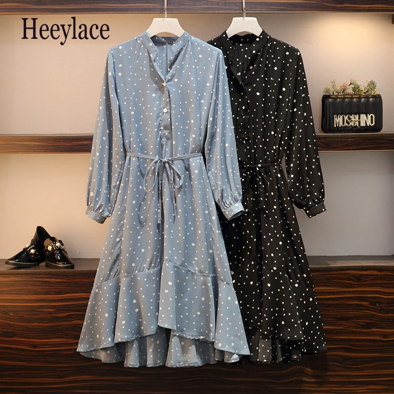 

Plus Size Dress Women 2019 Irregular Temperament Wave Point Fishtail Dress Women Fit Loose Wild Medium Length Ruffle Dress 4XL
