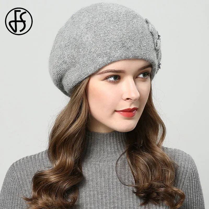 FS Winter Hats For Women Beanie Rabbit Fur 2023 Warm Knitted Hat Flower Double Layers Warm Beret Snow Caps Gorros Femme 2