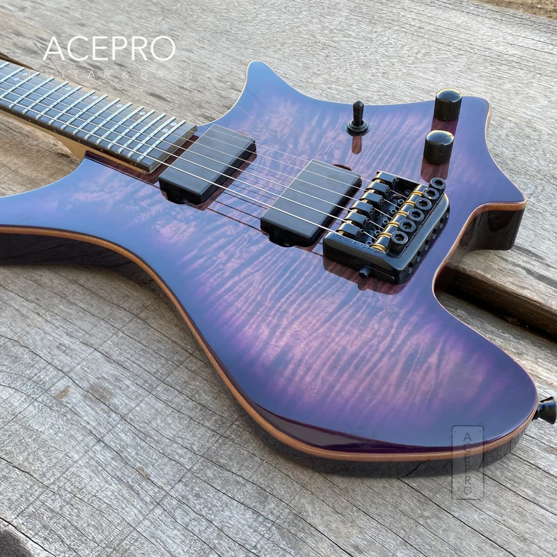 В наличии Purple Burst Grote безголовая электрическая гитара с облицовкой Koa top глянцевая