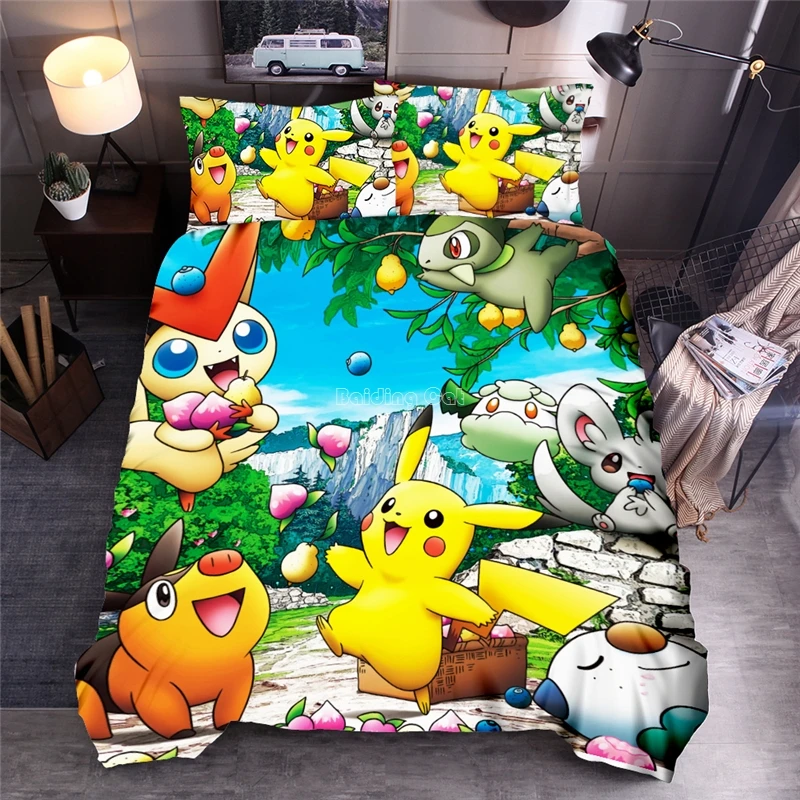 

New 3D Pokemon Bedding Sets Lovely Pikachu Animal Duvet Cover Sets Pillowcase Queen King Size Bed Linen Children Christmas Gifts