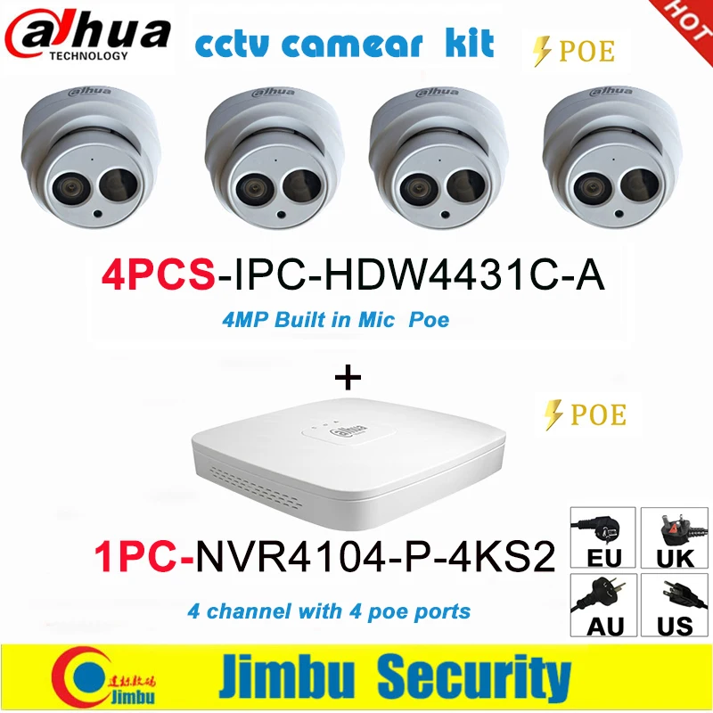 

Dahua IP surveilliance system NVR kit 4CH 4K video recorder NVR4104-P-4KS2 & Dahua 4MP IP camera 4pcs IPC-HDW4431C-A