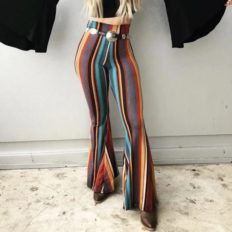 Vintage Flare Pants Rainbow Stripe Wide Leg Women Pants High Waist Female Casual Winter Skinny Sexy Pantalones de mujer
