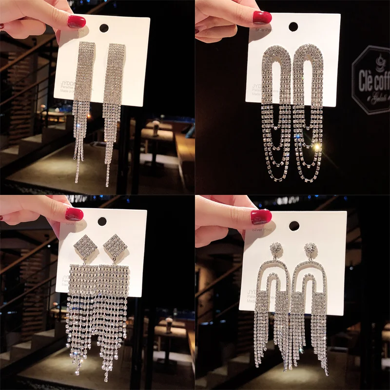 Luxury Tassel Geometric Drop Earring Shiny Full Rhinestone Crystal Dangle Earrings For Women Statement Bijoux Jewelry | Украшения и