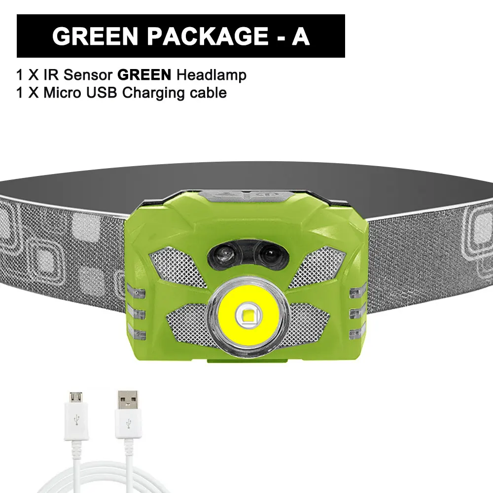 Green-A Сотовый светодиодный налобный фонарь с датчиком, головной светильник для кемпинга, вспышка, светильник фонарь, 5 режимов, Головной фонарь, USB Перезаряжаемый водонепроницаемый головной светильник - Испускаемый цвет: Green-A