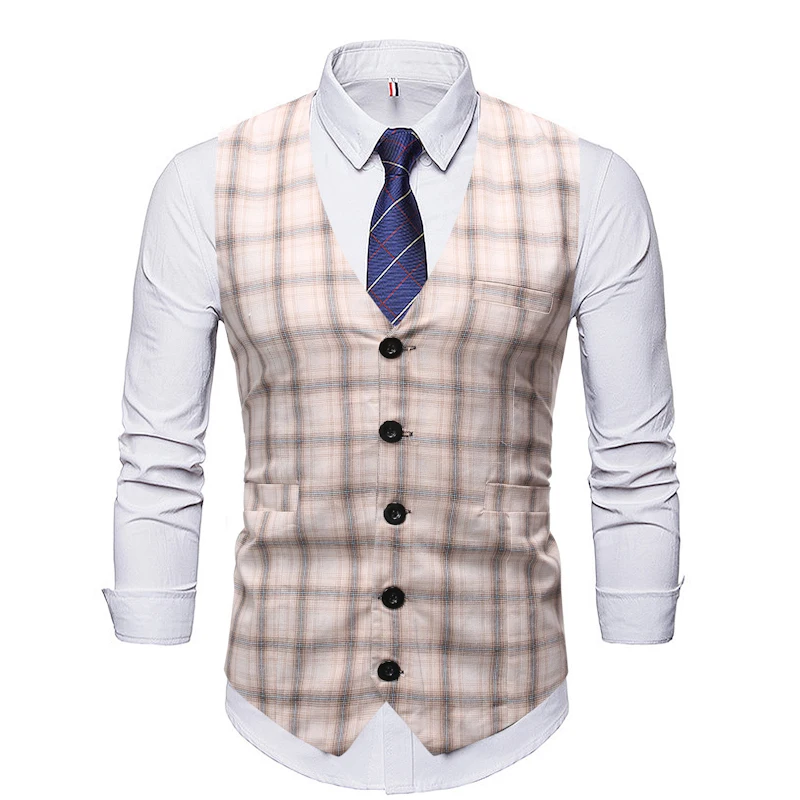 ZUSIGEL 2019 New Slim Fit Plaid Men Suit Vest Sleeveless Print Wedding Waistcoat Men Single Breasted Casual Mens Vest