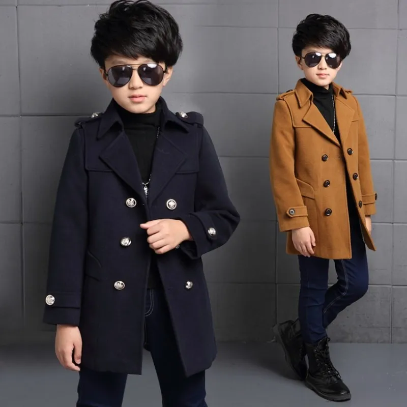 

New 2019 Kids Boys Winter Long Woolen Blends Coat Brand Kids Winter Thick Blends England Style Boys Hooded Jacket with Pocket