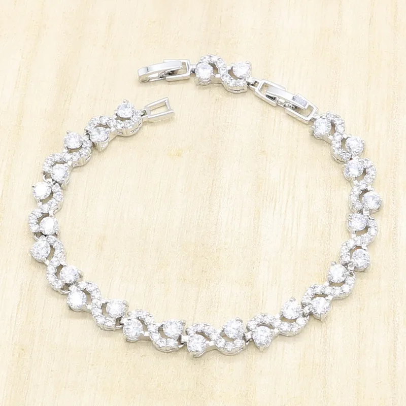 Белый жемчуг 925 пробы серебра набор украшений для женщин браслет из белого циркония серьга, ожерелье, подвеска кольцо подарок на день рождения