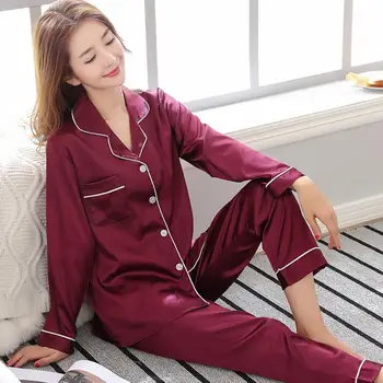 

Burgundy Spring Women Nightwear 2pc Shirt Pants Sleep Pajamas Sets Sleepwear Faux Silk Silky Nightgown Robe Bath Gown Clothes