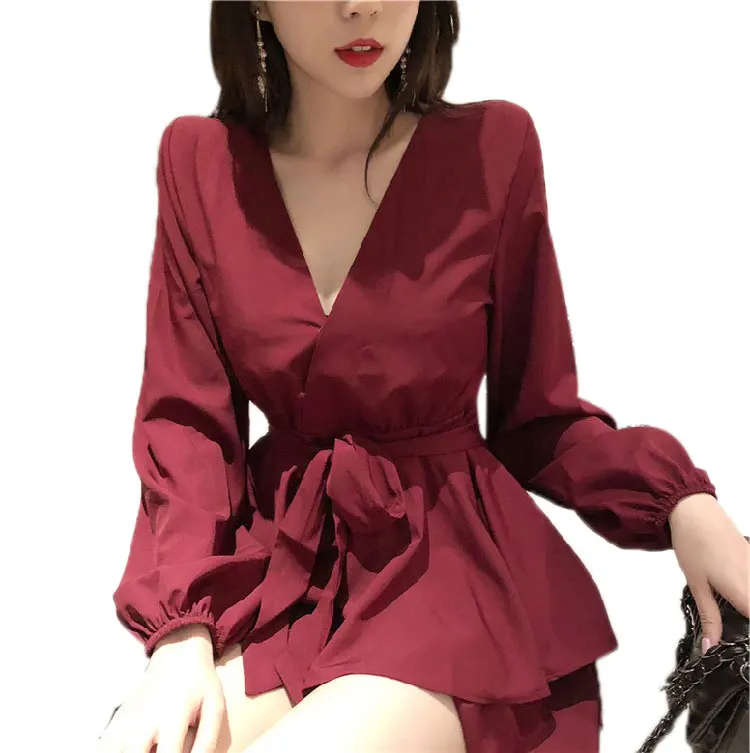 

Women Dresses Sexy Solid V-neck Puff Off Long Sleeve Dress Ladies Ruffle A-line Mini Dress
