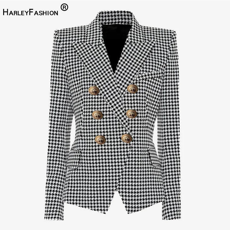 HarleyFashion Autumn Spring High Quality Women Casual Slim Blazer Metal Buttons Houndstooth Print Blazers | Женская одежда