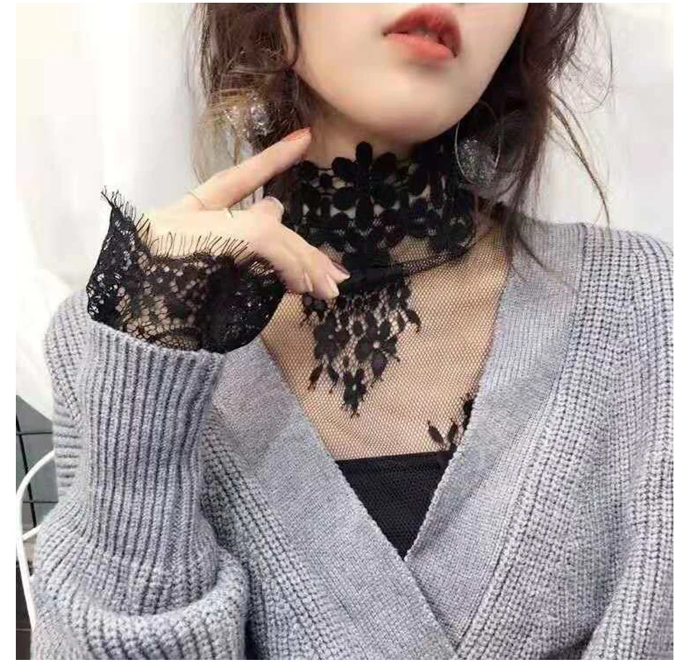 Womens Long Flare Sleeve Sheer Mesh Blouse Hollow Out Embroidered Floral Lace Shirt Swimsuit Cover Up Ruffle Neck Solid Color