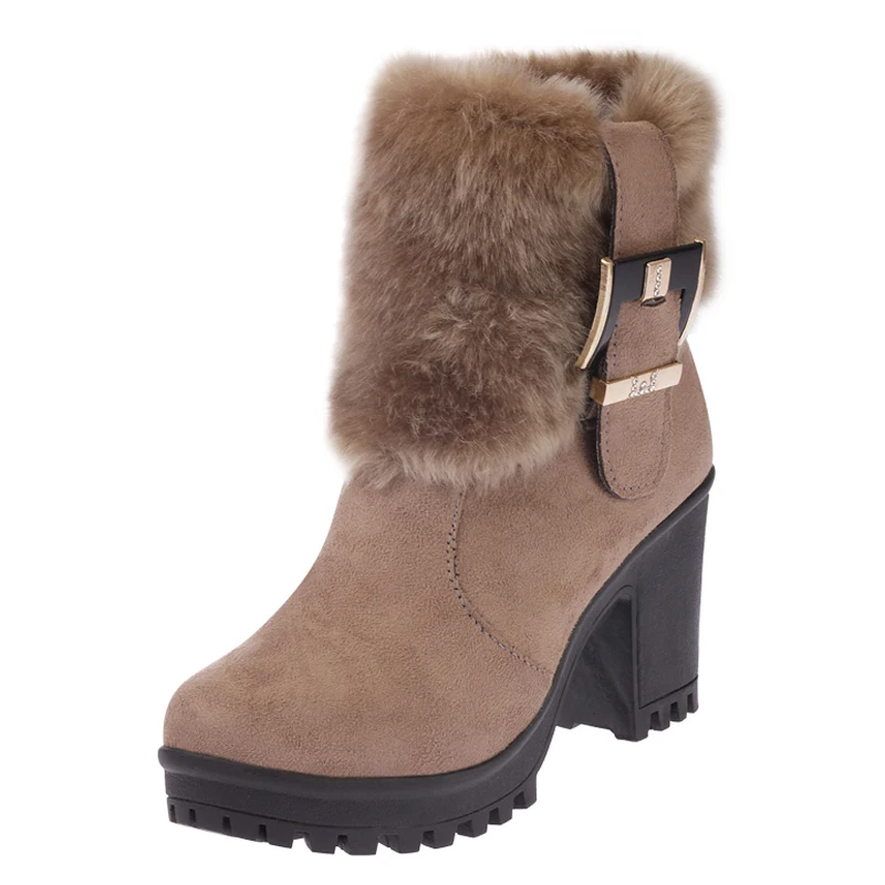 Ceny Kwadratowy obcas kobiet zimowe buty klasyczna klamra ciepłe futro śnieg panie buty wysokie obcasy czarne platformy botki kobiety botas g907