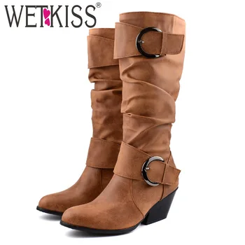 

WETKISS Western Boots Women Pu Distressed Boot Female Round Toe High Heels Cuban Shoes Ladies Buckle Shoes Winter Big Size 34-48