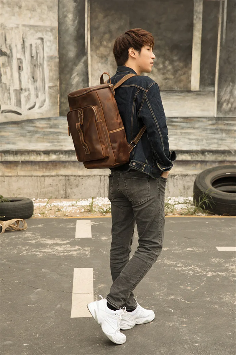 couro masculino grande-capacidade mochila casual couro genuíno