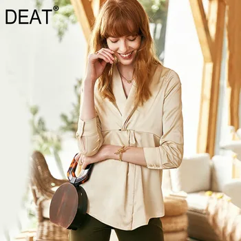 

DEAT Women Hem Vent Knot Stitch Satin Temperament Blouse New V-Long Sleeve Loose Fit Shirt Fashion Spring Autumn 2020 JS7090
