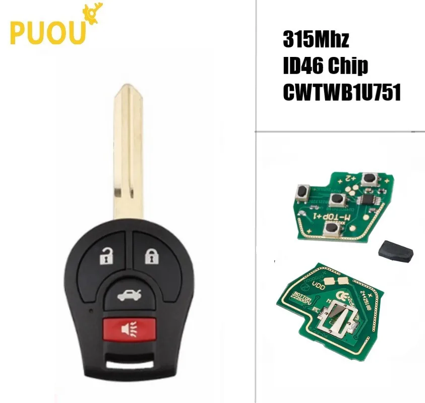 

4 Buttons Car Remote Key 315MHz ID46 Work for NISSAN FCC CWTWB1U761 Qashqai Sunny Sylphy Tiida X-Trail Auto Alarm