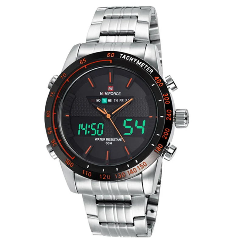 NAVIFORCE, роскошные брендовые Модные мужские спортивные часы, кварцевые цифровые аналоговые часы, мужские полностью Стальные наручные часы, мужские часы - Цвет: Silver Black Orange